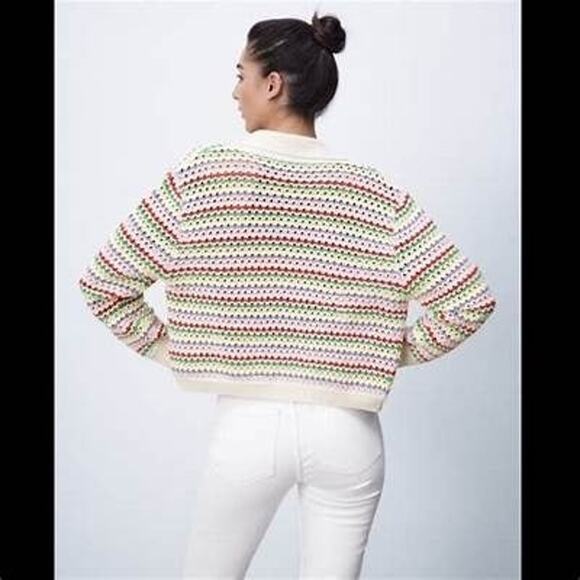 ZARA Chunky Knit Multicolor Rainbow Stripe Knit Cardigan Sweater Size L - Picture 4 of 10